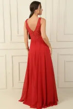 Ön Arka V Yaka Üst Boncuklu Çiçek Motifli Astarlı Uzun Şifon Abiye Elbise