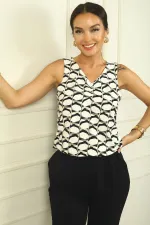 V-Neck Front Pleated Lycra Colorful Blouse