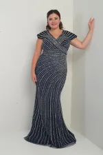 Kadın Ön Arka V Yaka Taş Baskılı Astarlı Büyük Beden Balık Elbise