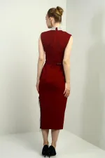 Women's Embellished Mandarin Collar Belted Waist Midi Dress with Side Chain Detail and Slit.