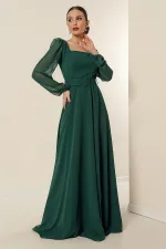 Kare Yaka Beli Kemerli Astarlı Şifon Uzun Abiye