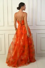 Kadın İp Askılı Arkası Bağcıklı Önü Drapeli Çiçekli Organze Uzun Elbise