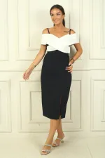 Çizgi İp Askılı Çapraz Yaka Çift Renk Double Kumaş Abiye Elbise