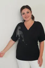 Kadın V Yaka Kısa Yarasa kollu Taş Detaylı Aslanlı Likralı Büyük Beden Bluz