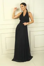 Kadın Boyundan Bağlamalı Taş Baskılı Astarlı Uzun Tül Elbise