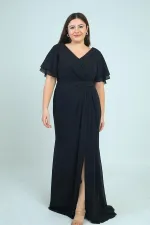 Women's Back V-Neck Lined Waist Beaded Detail Dart-Style Plus Size Crepe Chiffon Dress