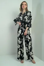 Women's Floral Print Long-Sleeve Shirt Two-Piece Set with Elastic Waist and Drawstring