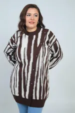 Kadın Önü Düğme Detaylı Simli Boyuna Çizgili Büyük Beden Triko Tunik Kazak