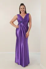Plus Size Long Satin Dress with Draped Front and Beaded Detail, Lined