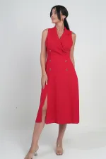 Women's Wrap Neckline Lined Double Slit Button Detail Midi Crepe Dress