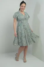 Robe en lin imprimé grande taille, doublée, col croisé, manches volantées