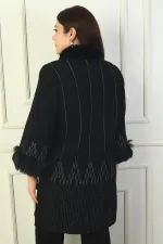 Cardigan grande taille à motif pyramidal pailleté avec col en fourrure amovible et poche boutonnée sur le devant pour femme