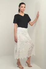 Kadın Beli Lastikli Astarlı Dantel Fisto Midi Etek