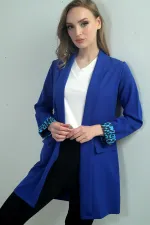 Women's Shawl Collar Long Jacket with Leopard Print Sleeve Cuffs and Lycra Fabric