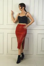 Kadın Yandan Yırtmaçlı Önü Büzgülü Midi Deri Etek