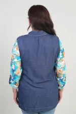 Kadın Önü Fermuarlı Desenli Büyük Beden Kot Gömlek