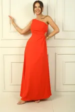 Women's One-Shoulder Long Crepe Satin Dress with Side Window Detail