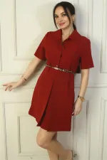 Button-front, short-sleeved, belted A-line pleated dress