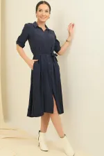 Buttoned Front Folded Sleeve Waist Belted Pocket Dress