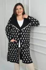 Kadın Cepli Geometrik Desen Büyük Beden Likralı Uzun Triko Hırka