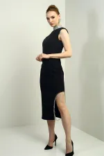Women's Embellished Mandarin Collar Belted Waist Midi Dress with Side Chain Detail and Slit.