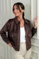 Manteau en daim pour femme avec poche et fermeture éclair sur le devant