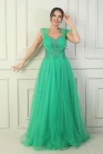 Robe de soirée princesse pour femme, décolleté en V devant et dos, manches tombantes doublées et broderie appliquée sur le haut