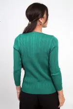 Kadın V Yaka Taş Baskı Detaylı Fitilli Triko Bluz