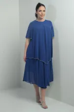Robe midi en mousseline doublée à manches courtes à volants pour femme, grande taille, ornée de pierres