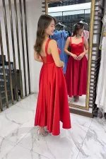 Kadın Askılı Sırtı İpli Korsajlı Saten Kloş Midi Elbise