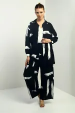 Women's Side Slit Tunic Shirt, Elastic Waist Pocketed Paazzo Pants, Brush Pattern Oversize 2-Piece Set