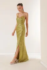 İp Askılı Önü Drapeli Arkası Bağcıklı Astarlı Uzun Pulpayet Elbise