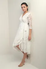 Kruvaze Yaka Astarlı Anvelop Dantel Elbise