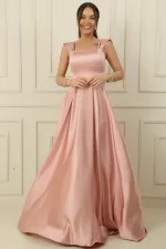 Askılı Taş Detaylı Kare Yaka Astarlı Uzun Saten Elbise