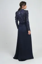 Kadın Üstü Pul Sim Detaylı Eteği Büzgülü Astarlı Şifon Uzun Elbise