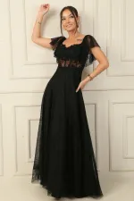 Madonna Yaka Mendil Kollu Balenli Göbek Transparan Astarlı Boncuk İşlemeli Liz Dantel Uzun Elbise