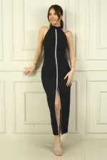 Kadın Halter Yaka Önü Yırtmaçlı Ortası Taş Şeritli Uzun Krep Elbise