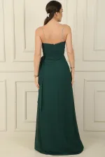 Parlak İnce Askılı Önü Drapeli Yanı Mendilli Astarlı Şifon Uzun Elbise