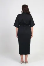 Women's Wrap Neck Short Batwing Sleeve Double Pleated Crepe Satin Plus Size Midi Designer Dress