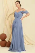 Düşük Kollu Astarlı Eteği Piliseli Simli Uzun Tül Elbise