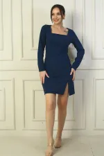 Kadın Kare Yaka Önü yırtmaçlı Krep Kısa Elbise