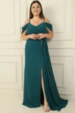 Kadın Taş Detay Askılı Düşük Kol Yanı Mendil Yırmaçlı Askılı Büyük Beden Şifon Uzun Elbise