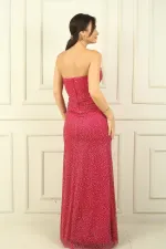 Kadın Straplez Astarlı Taşlı Önü Yırtmaçlı Simli Uzun Abiye Elbise