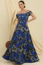 Madonna Collar Front Draped Lined Floral Patterned Long Chiffon Dress