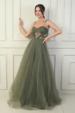 Robe longue de princesse pour femme avec buste plissé et bretelles et doublure en corde brodée de perles