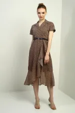 Kadın Kruvaze Yaka Astarlı Çıtır Desen Önü Volanlı Şifon Elbise