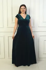 Robe longue en velours grande taille pour femme, avec décolleté en V devant et dos, fronces latérales et manches demi-lune.
