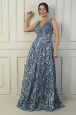 Kadın Ön Arka V Yaka Göğüs Pliseli Arkadan Bağcıklı Astarlı Sim Flok Baskı Uzun Abiye Elbise