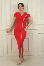 Robe longue en crêpe à manches basses et col en V pour femme, froncée sur le devant et ornée de rayures brillantes.