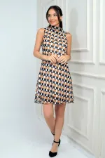 Women's V-Neck Lined Patterned Short Chiffon Dress